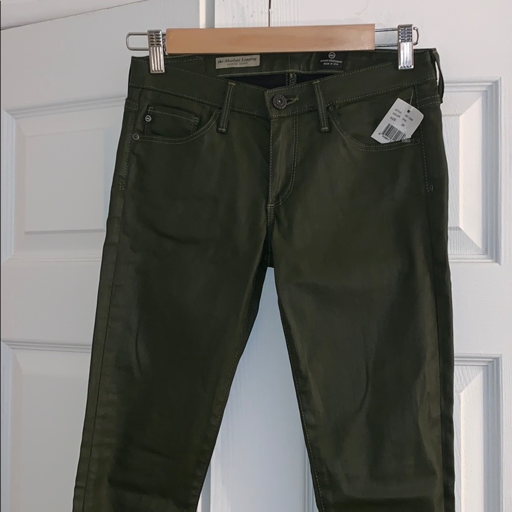 Never worn. ADRIANO GOLDSCHMIED Olive Coated Jeans